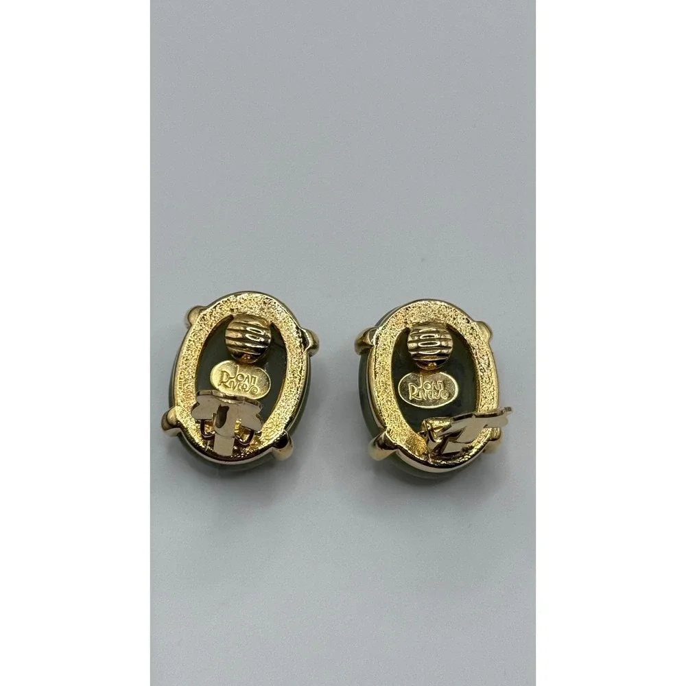 Joan Rivers Earrings Green Acrylic Cabochon Gold Tone Clip On